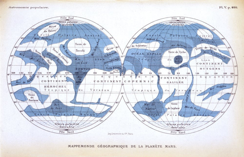 An illustrated plate from ‘Astronomie Populaire – Description Generale du Ciel’ by Camille Flammarion. This map of Mars shows continents and oceans. In this, his best-selling epic work, Flammarion speculated that Mars was ‘an earth almost similar to ours [with] water, air, showers, brooks and fountains. This is certainly a place little different from that which we inhabit.’ Science & Society Picture Library via Getty Images